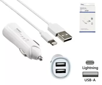 iPhone/iPad USB oplaadadapter + Lightning kabel, carkit, 12V, 2x USB 5V 3100mA, MFI gecertificeerd, wit, DINIC doos met Euro gat, 1m